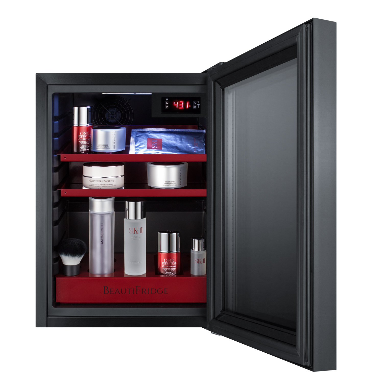 BeautiFridge compact cosmetics cooler with mirror-tinted glass door, black cabinet, lock, glossy ruby-colored shelves, and digital controls set for the storage of beauty products